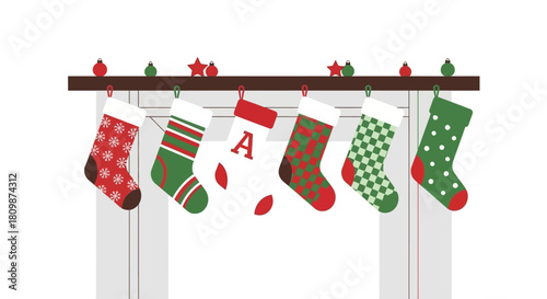 Six Christmas stockings hang on a mantle adorned with ornaments and stars