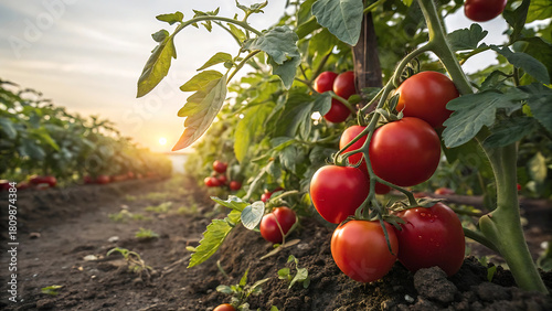 Ripe red tomatoes growing on the vine at sunset
