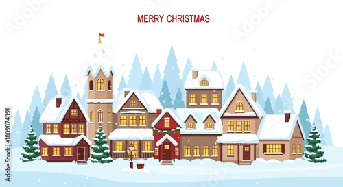 Snowy village scene with Merry Christmas text above Buildings are covered in snow