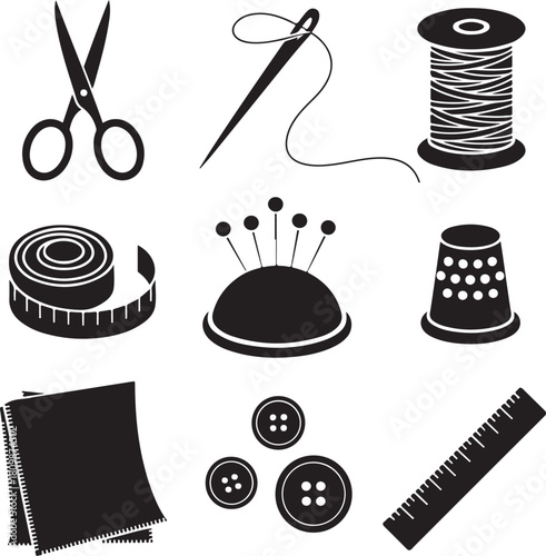 Black and White Silhouette Illustration of Sewing Tools Scissors Needle Thread Spool Measuring Tape Pin Cushion Thimble Fabric Buttons Ruler