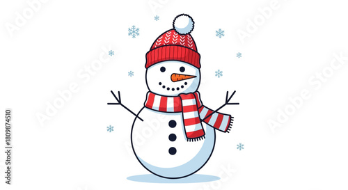 A cartoon snowman stands with a hat and scarf in a snowy environment