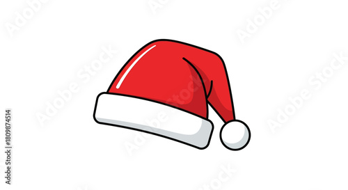 A cartoonstyle Santa hat with a red top white brim and a white pompom outlined in black