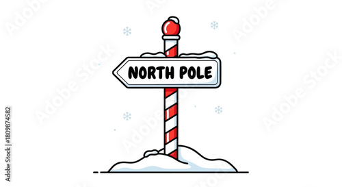 A North Pole sign with a candy cane post is surrounded by snow and small snowflakes