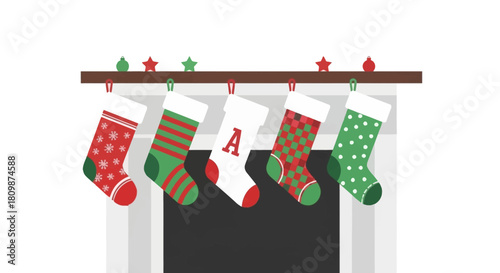 A fireplace mantel displays five stockings decorated with festive patterns and an A