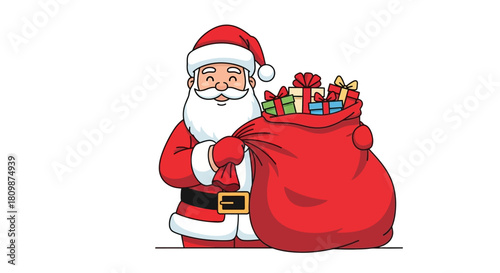 Cartoon Santa holds a large red sack overflowing with colorful wrapped presents