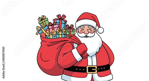 Cartoon Santa holds a bag of gifts He is smiling and wearing his red suit with a white beard
