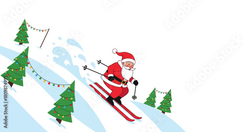 Cartoon Santa skiing down a snowcovered hill decorated with Christmas trees and lights
