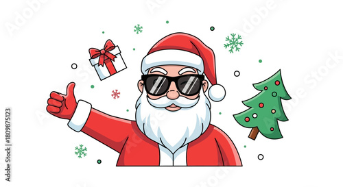 Cartoon Santa with sunglasses giving a thumbs up near a tree and present