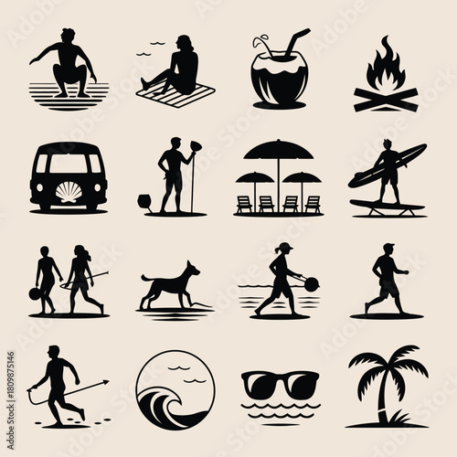 Summer Beach Activity Icons Silhouette Collection vacation