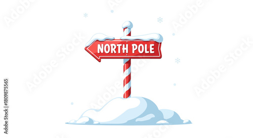 Red North Pole sign snowcovered on a striped pole against a white backdrop