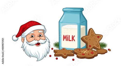 Santa Claus head next to milk  cookies with red details fir leaves on white
