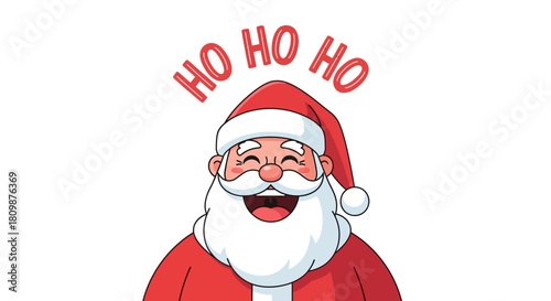 Santa Claus smiles HO HO HO in red letters above his head