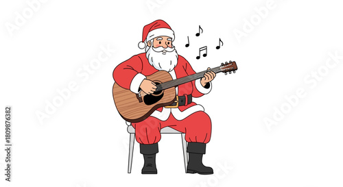 Santa Claus sits plays acoustic guitar and musical notes float above