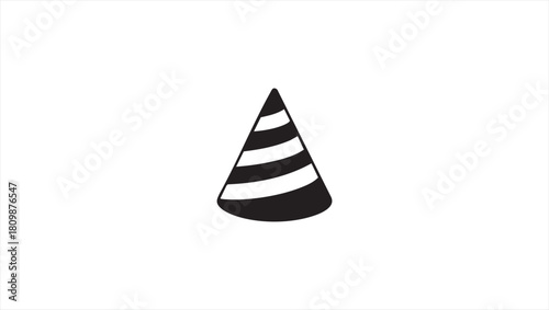 A classic striped party hat icon, rendered in timeless black and white, representing joyful celebrations, festive events, and the spirit of happy gatherings