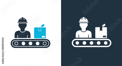 Construction workers operating machinery - Vector icon symbol for website - Icon vector - Blue icon vector - Line and glyph solid icon and logo template