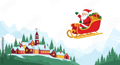 Santa Claus waves from his sleigh above a snowy town