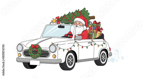 Santa drives a white car with a Christmas tree and presents