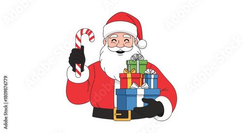 Santa holds gifts and a candy cane smiling with his white beard and hat
