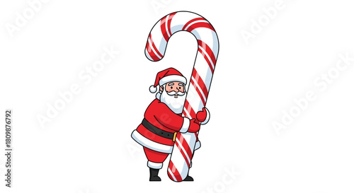 Santa hugs a large candy cane with red stripes on a white background