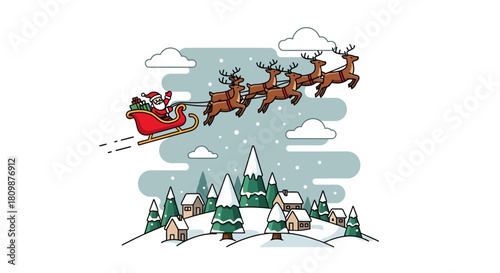 Santa in sleigh pulled by reindeer flies over snowy town with houses and trees