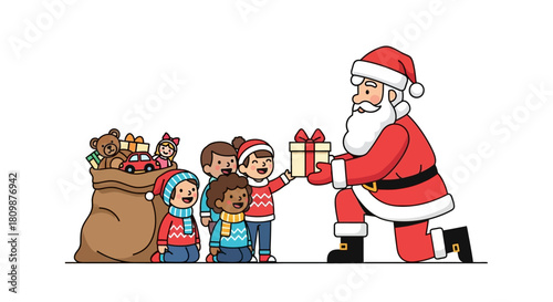 Santa kneels giving a present to a child others  a toy sack are present