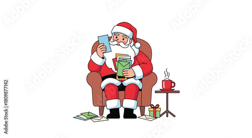 Santa sits in a chair reading letters with a hot beverage and a present nearby