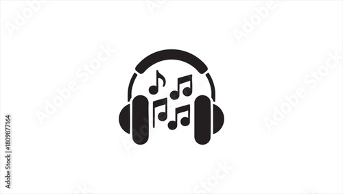 Modern minimalist icon of over-ear headphones with floating music notes, symbolizing digital audio, personal entertainment, and sound enjoyment for various media applications