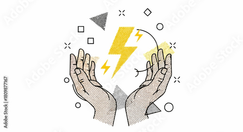 Human hands cupping a bright yellow lightning strike icon.