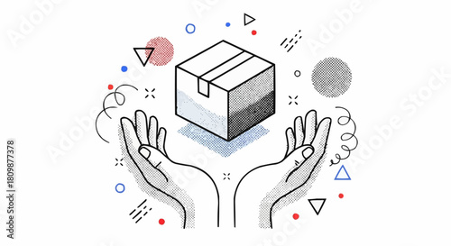 Hands holding a floating package representing delivery and shipping concept.