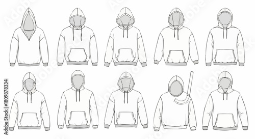Collection of Hoodie Fashion Design Line Art Illustrations.