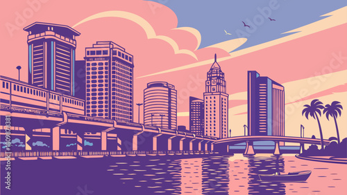 Tampa Bay Skyline Tropical Pastel – Florida Coastal Sunset Palm Silhouette Dreamy Vector