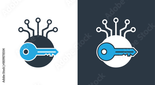 Digital key with brain network concept - Vector icon symbol for website - Icon vector - Blue icon vector - Line and glyph solid icon and logo template