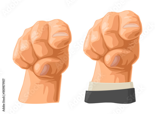 Pointing finger at viewer, from front. Vector color illustration isolated on a white. Male hand in sleeve suit and without. Sign for web, poster, info graphic