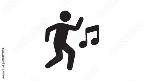 Minimalist icon showing a stylized person dancing alongside a musical note, embodying the concept of movement, celebration, and the universal appeal of music