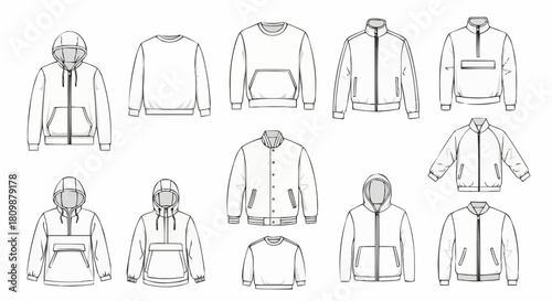 Collection of various jacket and hoodie designs for fashion illustration.