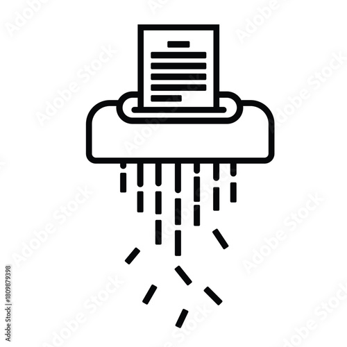 Simple black outline vector icon showing a document being put into a shredder, symbolizing data security, privacy, and confidential destruction.