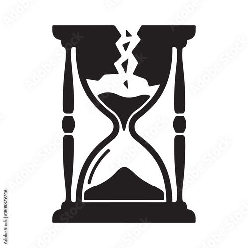 Minimalist Flat Vector Broken Hourglass Icon, Black and White Time Symbol