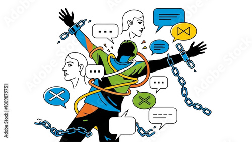 Person Breaking Chains with Speech Bubbles – Liberation and Freedom of Expression Illustration