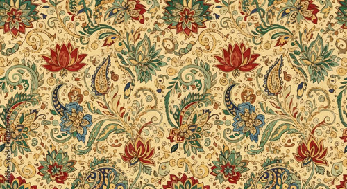 Detailed Floral Pattern with Intricate Paisley and Lotus Motifs.