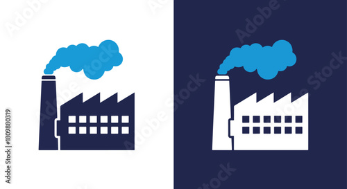 Factory with smoke stacks and pollution - Vector icon symbol for website - Icon vector - Blue icon vector - Line and glyph solid icon and logo template