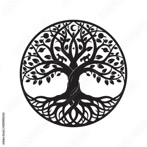 Intricate Black Celtic Tree of Life Vector Design in Circular Frame