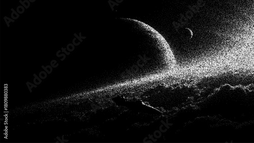 Abstract stipple art of a half planet and moon against a starry sky. Space vector background and universe exploration concept.