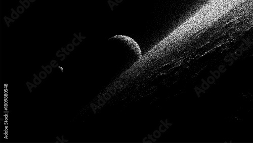 Planet and satellite in deep space with light trail effect. Abstract galaxy background with bright particles. Dark universe concept.