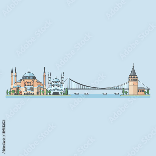 Quadro em tela Istanbul city skyline illustration with famous landmarks like Hagia Sophia, Blue Mosque, Bosphorus Bridge, and Galata Tower on a light blue background