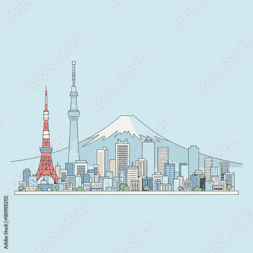 Stylized illustration of Tokyo skyline featuring Tokyo Tower, Skytree, and Mount Fuji in the background.