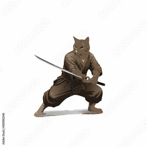 A stylized illustration of a cat-headed ninja warrior in a brown gi, holding a katana in a ready stance.