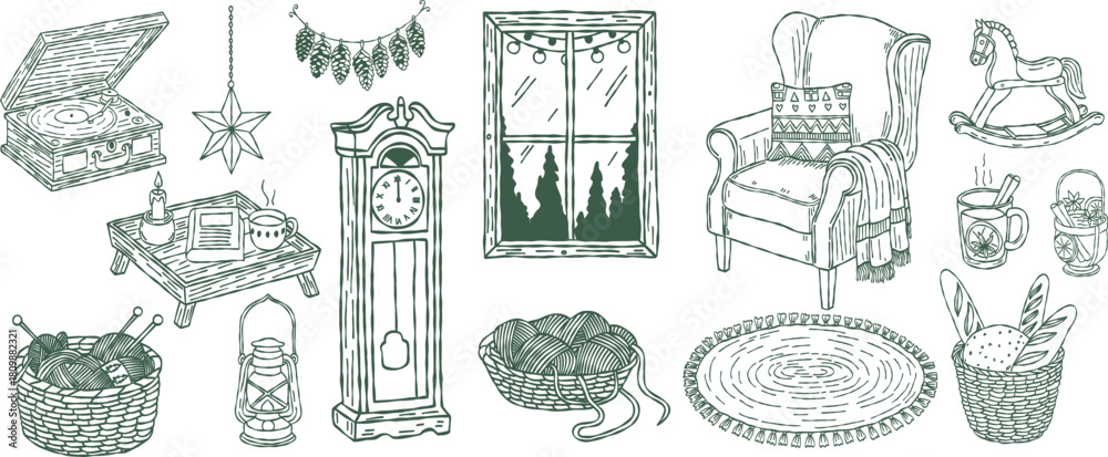 Fototapeta premium Whimsical christmas holiday winter line hand drawing with sketch doodle decoration set, vintage armchair grandfather clock and cozy home graphic element vector illustration