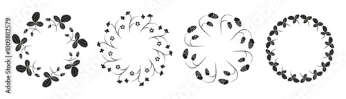 Set of cute round wreaths with black strawberries and leaves isolated on white background.