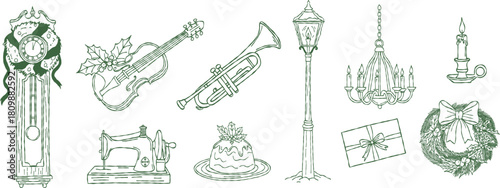 Whimsical christmas holiday winter line hand drawing, Minimal sketch doodle decoration set, vintage musical instrument, violin, trumpet, grandfather clock and sewing machine vector illustration