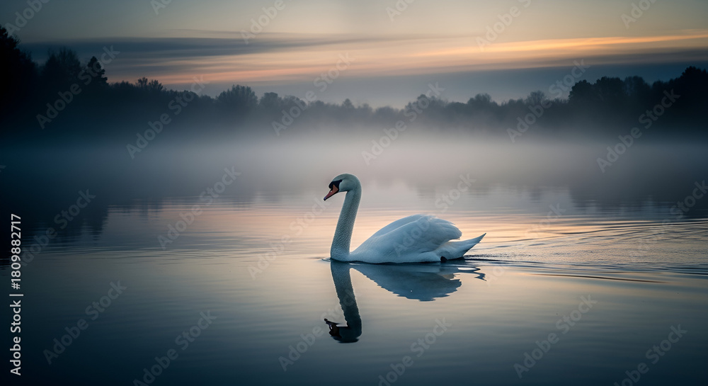Obraz premium Graceful swan gliding serenely on misty lake at dawn, creating a tranquil and ethereal scene, perfect for nature lovers and peaceful moments